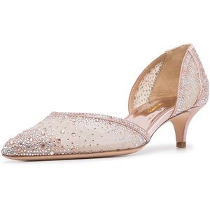 Elegant Pointed Toe D'Orsay Kitten Low Heels Rhinestone Studs Slip-On Satin